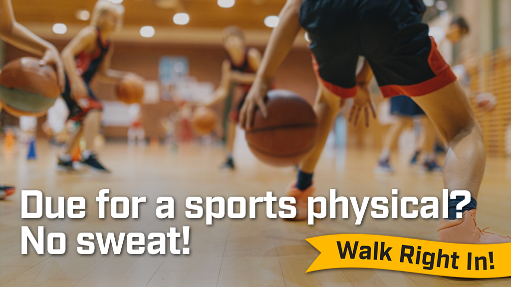 Image of kids playing basketball, with text: Due for a sports physical?