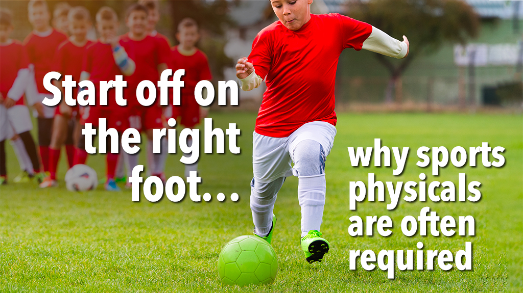 Start off on the right foot text with child playing soccer