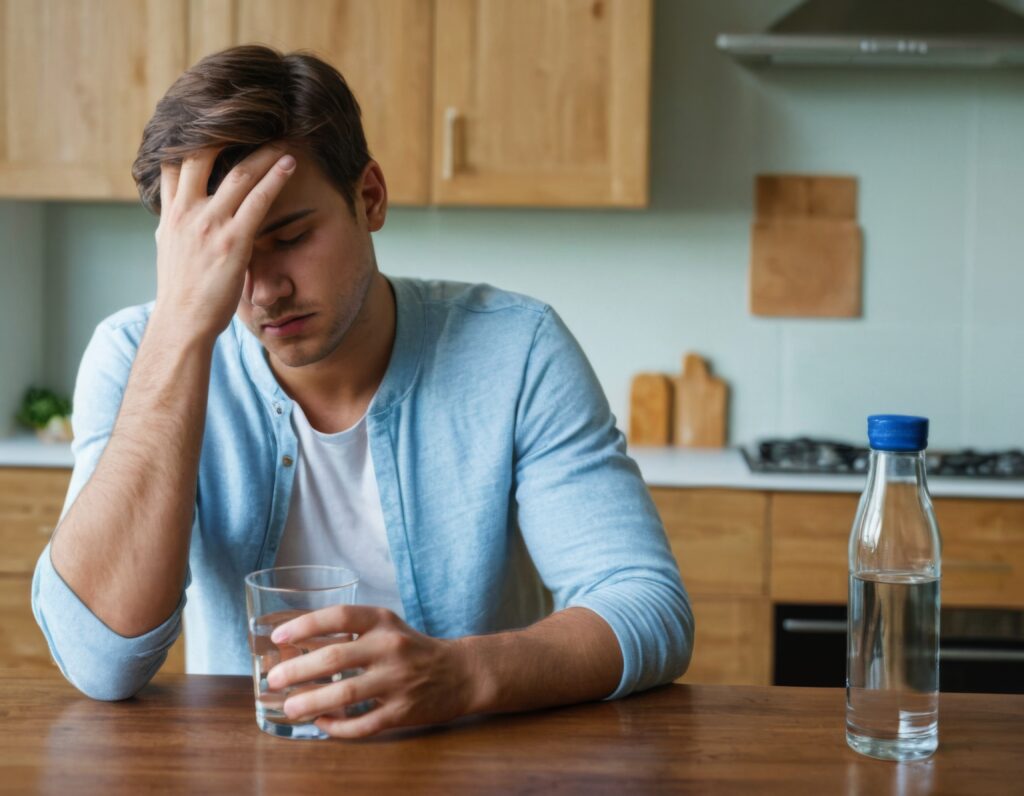 Young Man With Headache Migraine Sitting With Glass Water Kitchen